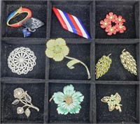 Tray Lot Mid Century Brooches Pins Costume Jewelry