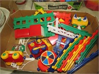BOX FULL OF CHILDS FUNNY CAR TRAINS SET AND TRACK