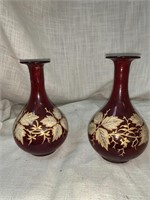2 RED GLASS 6 “ VASES W/ GOLD DECORATIONS