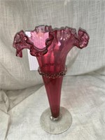 11 “ CRANBERRY & CLEAR GLASS FLUTED VASE