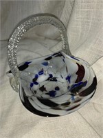 BLUE & WHITE ART GLASS BASKET - 6 X 5 “