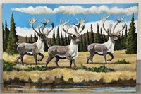 (RK) Fick Caribou Signed Oil Painting 36” x 24”