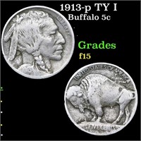 1913-p TY I Buffalo Nickel 5c Grades f+