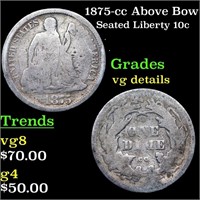 1875-cc Above Bow Seated Liberty Dime 10c Grades v