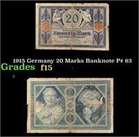 1915 Germany 20 Marks Banknote P# 63 Grades f+