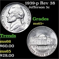 1939-p Rev 38 Jefferson Nickel 5c Grades GEM+ Unc