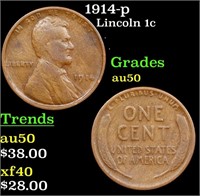 1914-p Lincoln Cent 1c Grades AU, Almost Unc