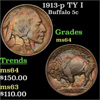1913-p TY I Buffalo Nickel 5c Grades Choice Unc