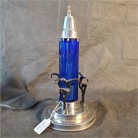 Art Deco Lamp, Chrome w/ Cobalt Blue Glass Shade