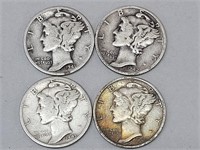 4 Mercury Silver Dime Coins