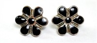 Vintage Solid Sterling Black Onyx Flower Earrings