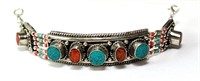 Alpaca Silver Turquoise/Coral Bracelet 46G- 7 1/4"