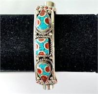 Alpaca Silver Turquoise/Coral Bracelet 47 Grams 7"
