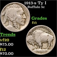 1913-s Ty I Buffalo Nickel 5c Grades f+