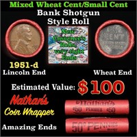 Mixed small cents 1c orig shotgun roll, 1951-d Lin