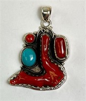 Solid Sterling Turquoise/Coral Pendant 16G (Beauty