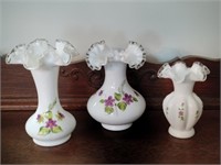 3 Fenton Handpainted Ruffle Edge Vases