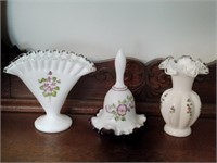 3 Fenton Handpainted Pansies: Bell, Ruffle Vases