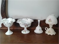 4 Fenton Handpainted Pieces: Bell, Candle Holder