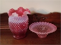 2 Fenton Cranberry Opalescent Hobnail Vase & Dish