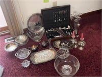 Silver Plate, Stainless Flatware, Glass Bowls