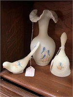 3 Fenton Handpainted Artist Signed: Vase, Bird