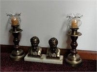2 Lincoln Bookends, 2 Brass Candle Sticks