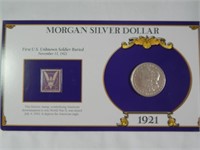 1921 Morgan Silver Dollar & 3 Cent Stamp Display