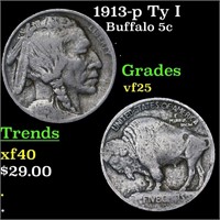 1913-p Ty I Buffalo Nickel 5c Grades vf+