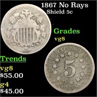 1867 No Rays Shield Nickel 5c Grades vg, very good