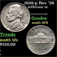 1939-p Rev '38 Jefferson Nickel 5c Grades GEM 5fs