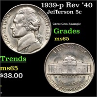 1939-p Rev '40 Jefferson Nickel 5c Grades GEM Unc