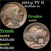 1913-p TY II Buffalo Nickel 5c Grades Choice Unc