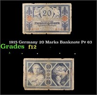 1915 Germany 20 Marks Banknote P# 63 Grades f, fin