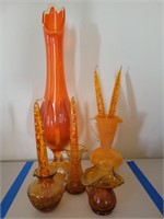 Slag Vase, Amber Glass Crazed Pitchers
