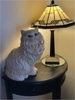 Side Table, Table Lamp, Ceramic Cat Figurine