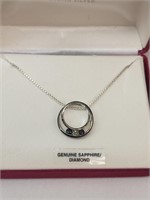 Sterling Silver Necklace w Genuine Sapphire Diam