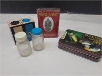 Ball S & P Shakers w Box, Tobacco Tin & Cards