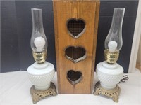 2 Milk Glass Lamps with Chimneys & TP Holder