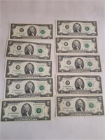 10  Two Dollar Bills Some Crisp See Dates