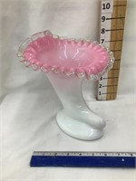 Fenton Cornucopia Vase, Pink & White, 8 1/4”T