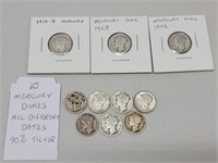 10 Murcury Silver Dimes Coins Different Dates