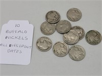10 Buffalo Nickles Different Dates