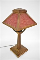 ARTS & CRAFTS OAK TABLE LAMP WITH GLASS SHADE