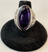 Very Large Solid Sterling Amethyst Ring Size 7.75