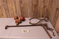 Ice tongs, fence stretcher, mallet head
