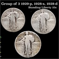 Group of 3 1929-p, 1928-s, 1928-d Standing Liberty