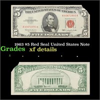 1963 $5 Red Seal United States Note Grades xf deta