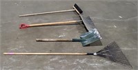 Rake, 2 shovels and a shop broom