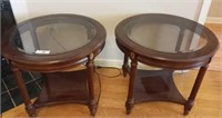 PAIR OF DRUM STYLE GLASS TOP TABLES